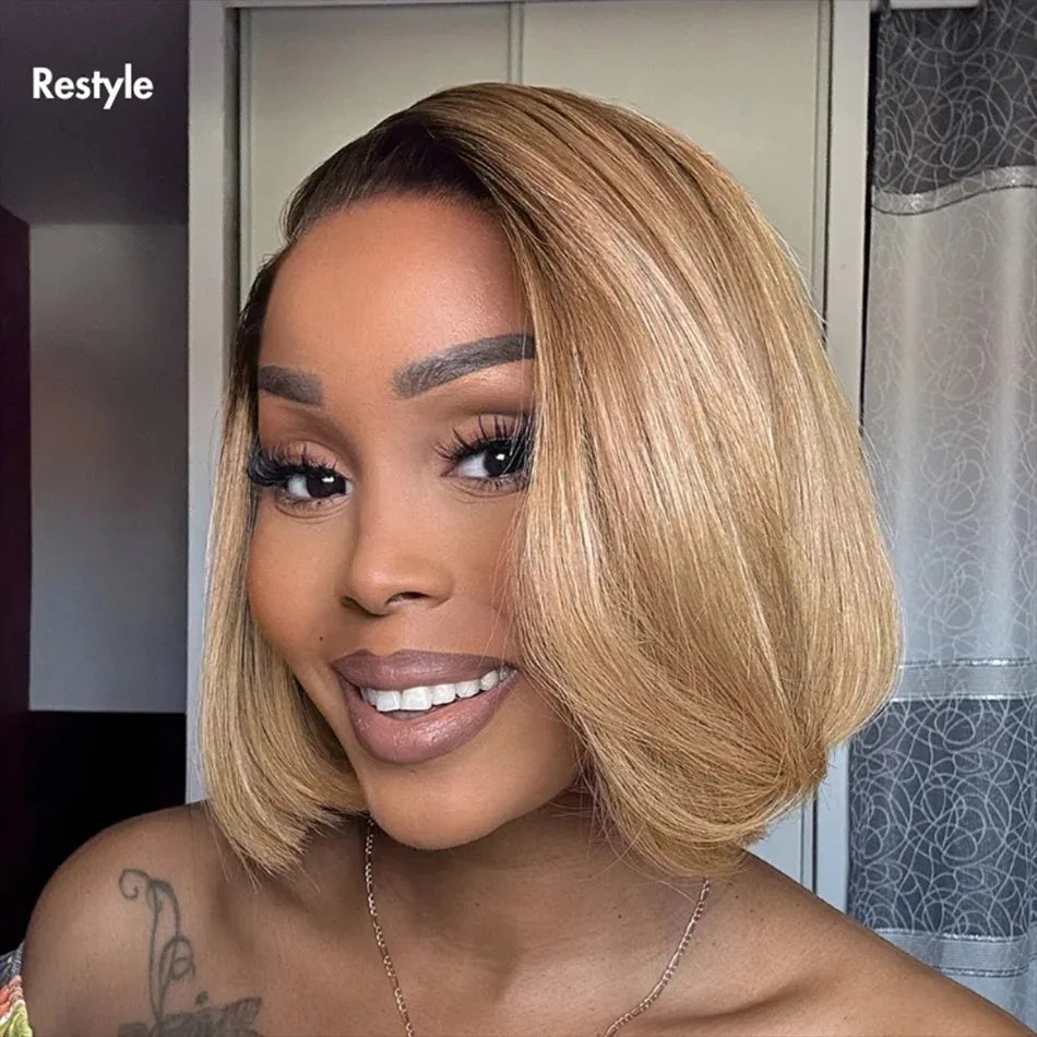 Rosabeauty Ash Blonde Ombre Blunt Cut Straight Bob Wig HD Lace Frontal Human Hair Wigs Brown Color Glueless Ready To Wear C Part