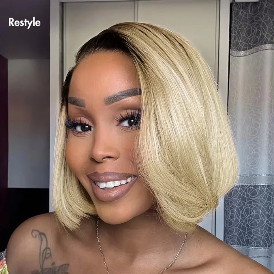 Tewjig Put On & Go Blunt Cut Straight Bob Wigs Minimalist HD Lace Frontal Wig Glueless Wig Human Hair Ready To Wear C Part