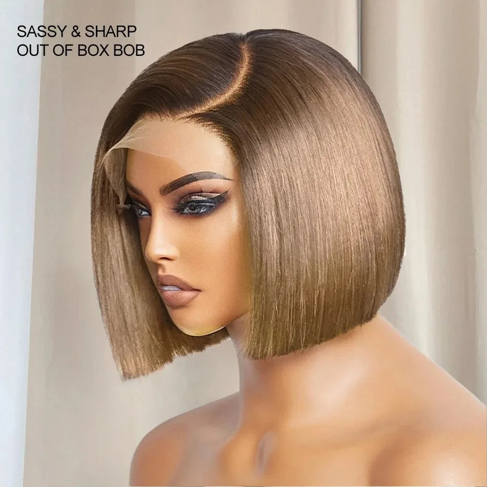 Rosabeauty Ash Blonde Ombre Blunt Cut Straight Bob Wig HD Lace Frontal Human Hair Wigs Brown Color Glueless Ready To Wear C Part