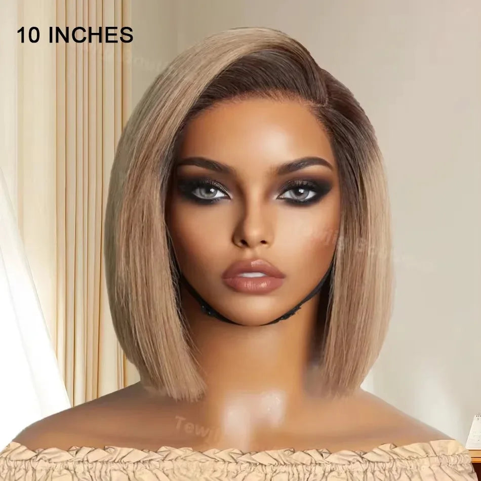 Rosabeauty Ash Blonde Ombre Blunt Cut Straight Bob Wig HD Lace Frontal Human Hair Wigs Brown Color Glueless Ready To Wear C Part