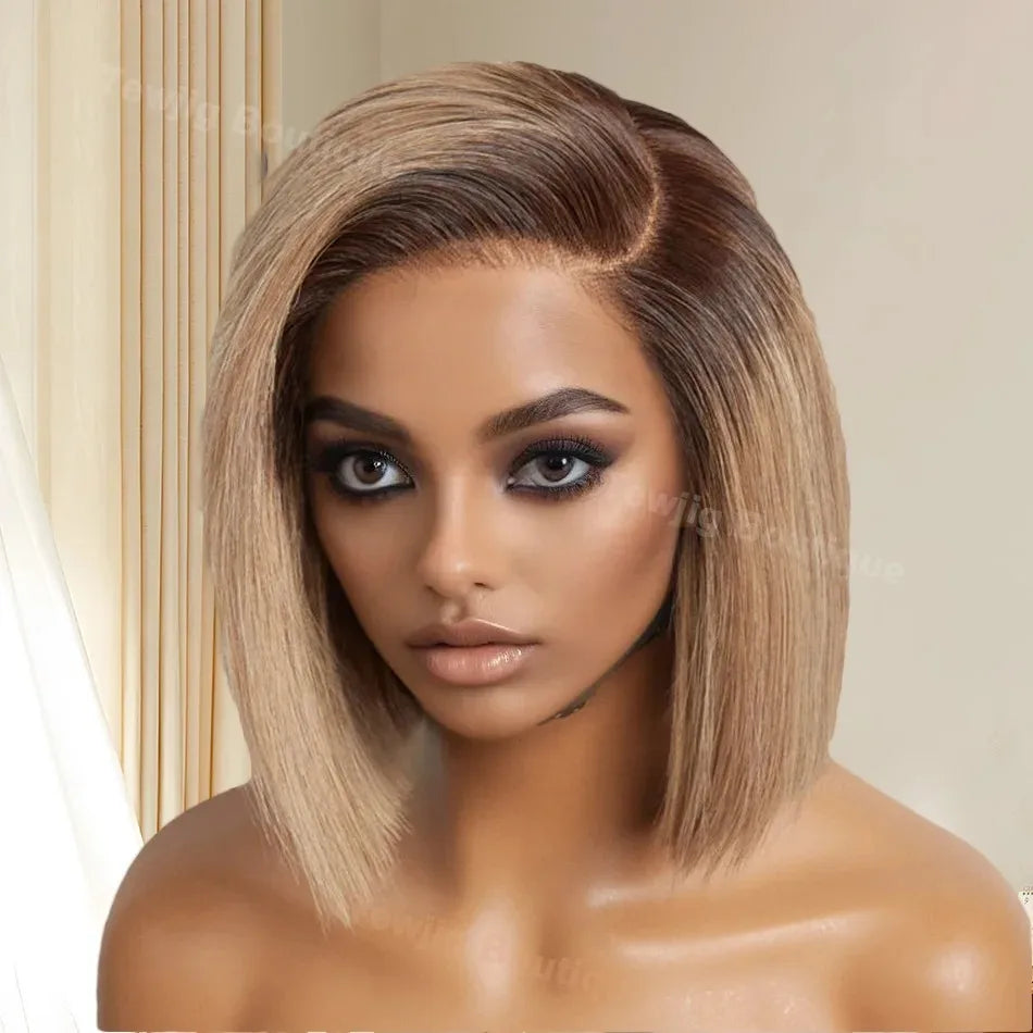 Rosabeauty Ash Blonde Ombre Blunt Cut Straight Bob Wig HD Lace Frontal Human Hair Wigs Brown Color Glueless Ready To Wear C Part